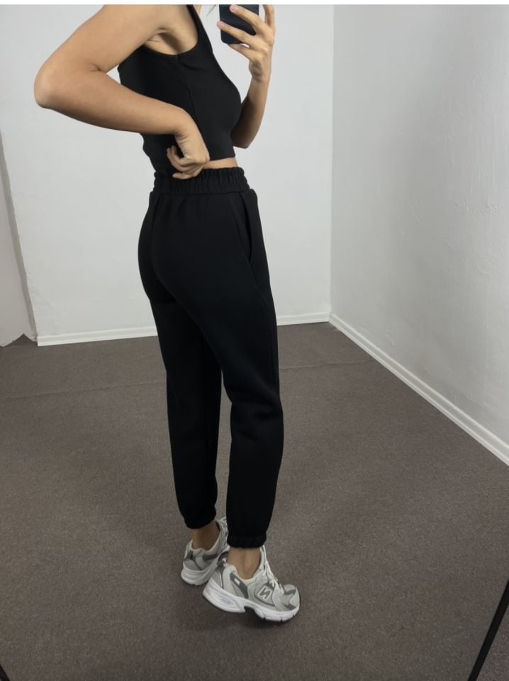 Selvia Siyah Yüksek Bel Şardonlu Jogger Eşofman