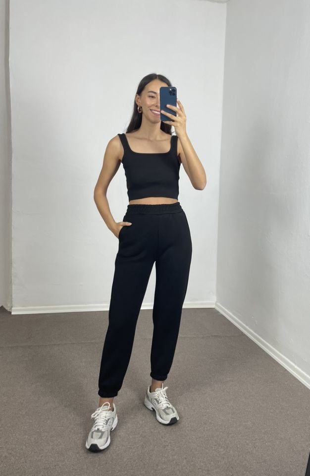Selvia Siyah Yüksek Bel Şardonlu Jogger Eşofman