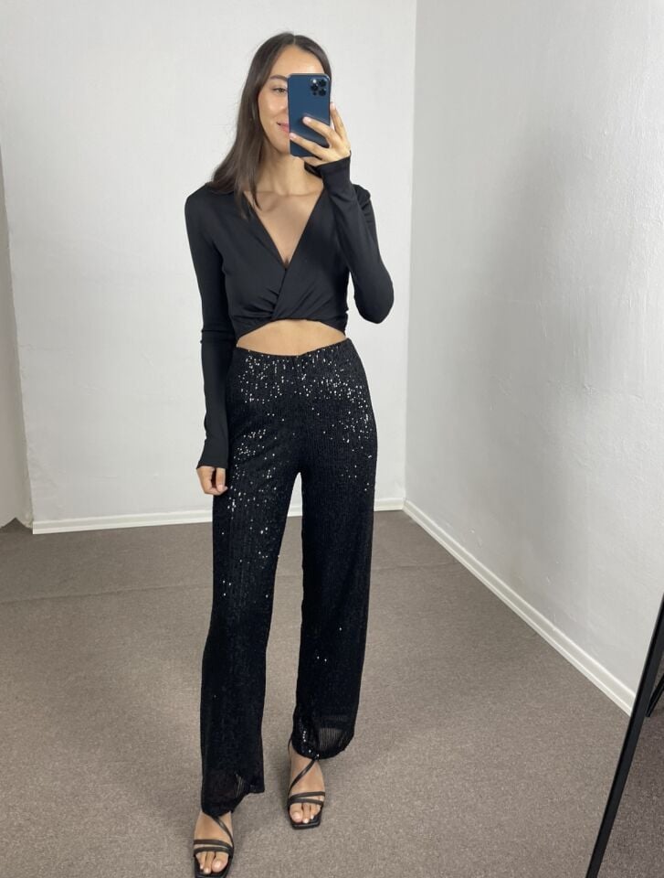 Serel Siyah Beli Lastikli Astarlı Payetli Pantolon