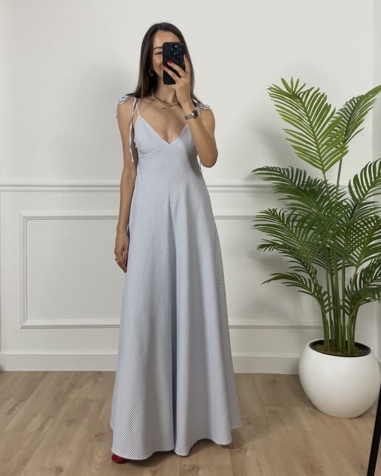 Line Mavi Çizgili Bağlamalı Premium Elbise