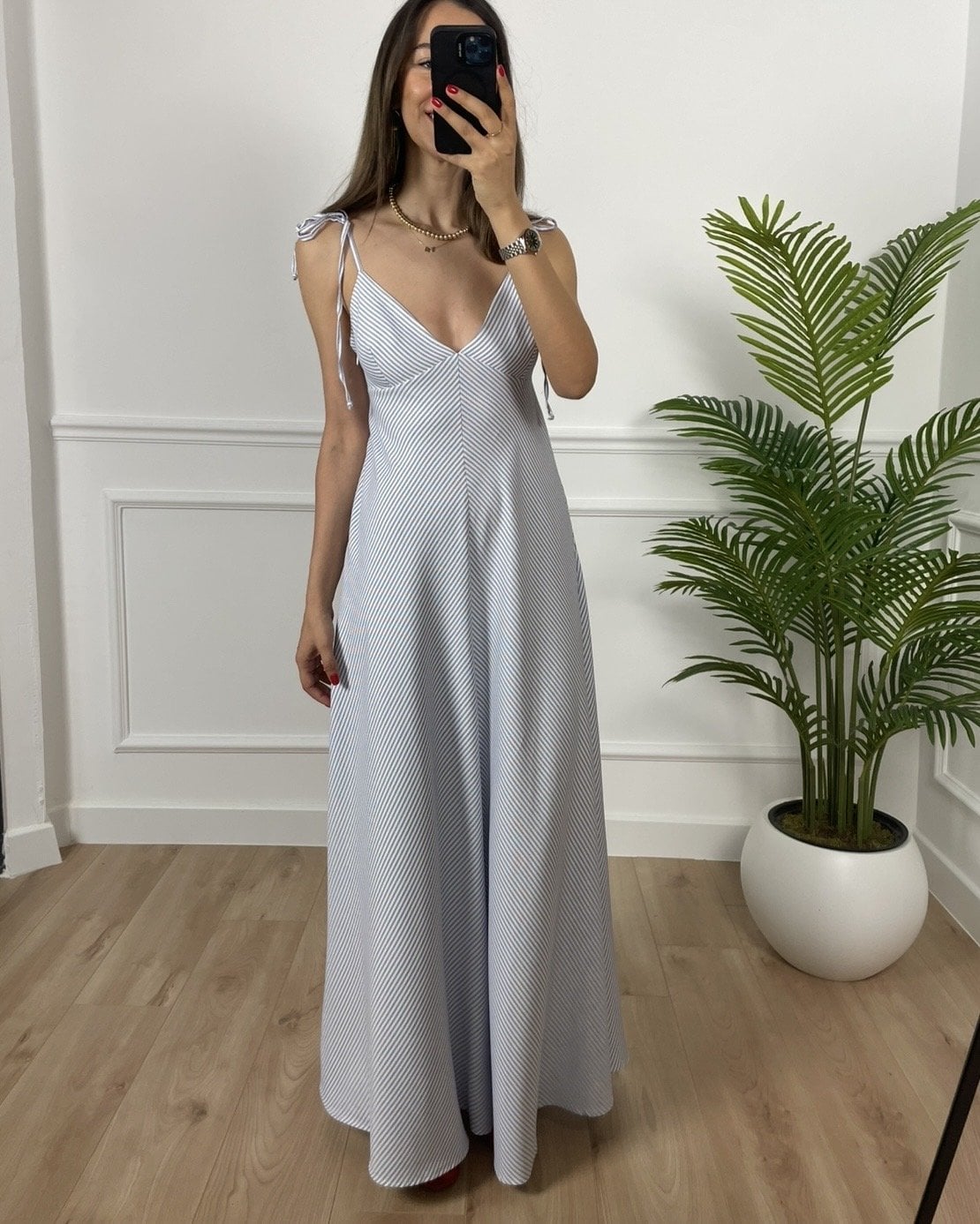 Line Mavi Çizgili Bağlamalı Premium Elbise