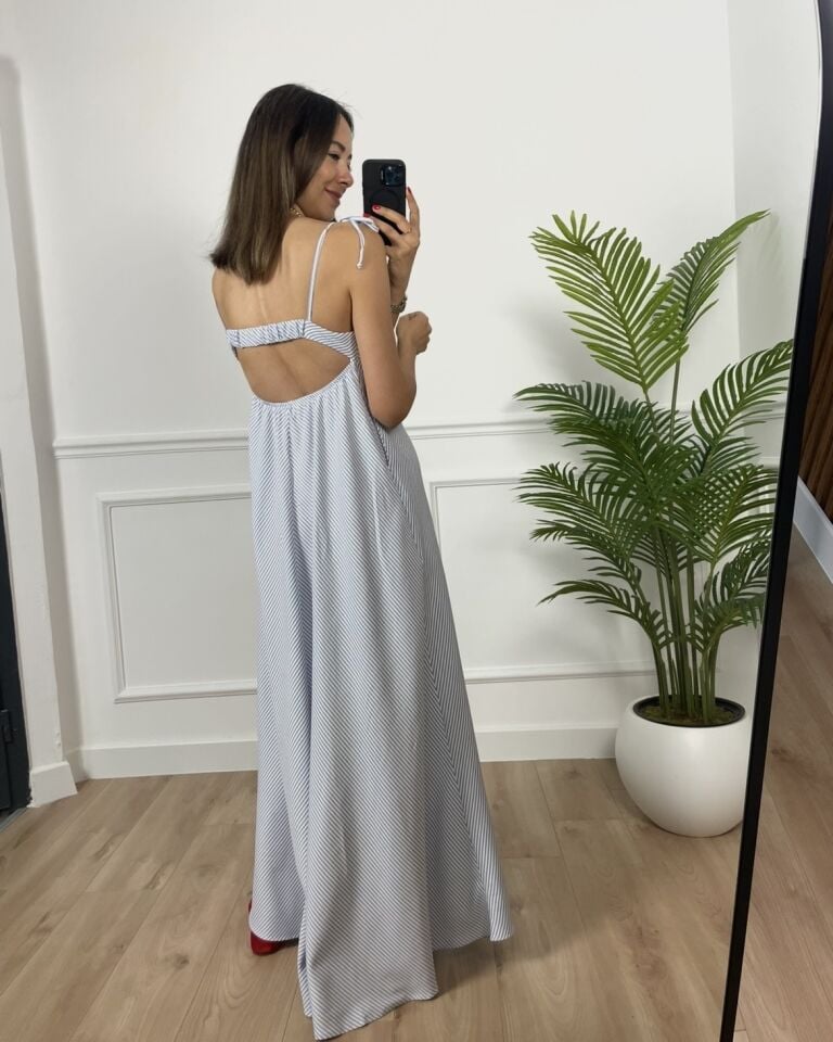 Line Mavi Çizgili Bağlamalı Premium Elbise