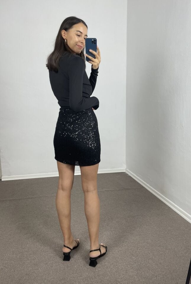 Dalia Siyah Beli Lastikli Astarlı Payetli Etek