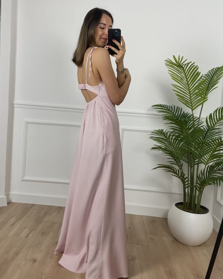 Line Kırmızı Çizgili Bağlamalı Premium Elbise