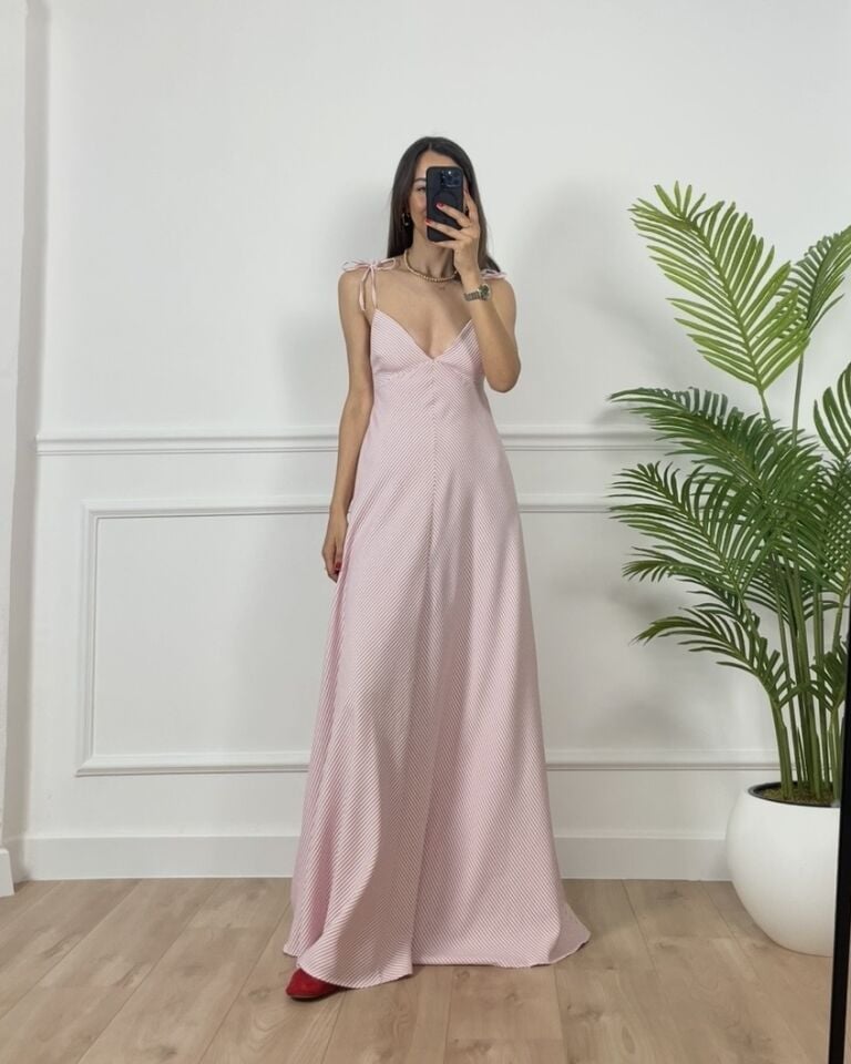 Line Kırmızı Çizgili Bağlamalı Premium Elbise