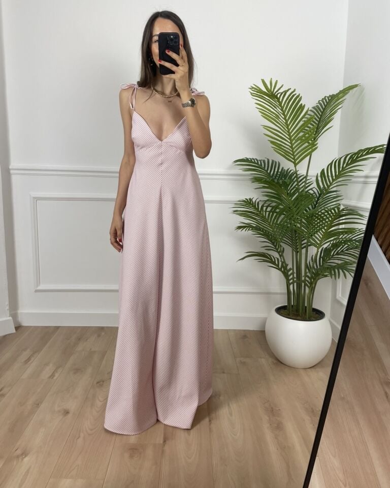 Line Kırmızı Çizgili Bağlamalı Premium Elbise