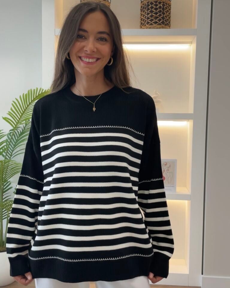 Oriana Siyah Ekru Çizgili Oversize Kazak