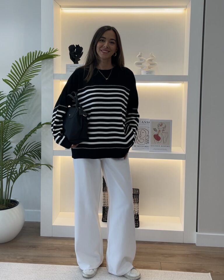 Oriana Siyah Ekru Çizgili Oversize Kazak