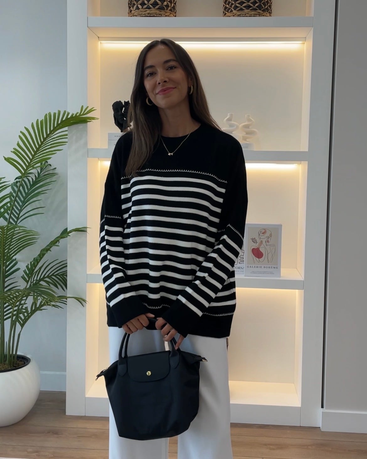 Oriana Siyah Ekru Çizgili Oversize Kazak