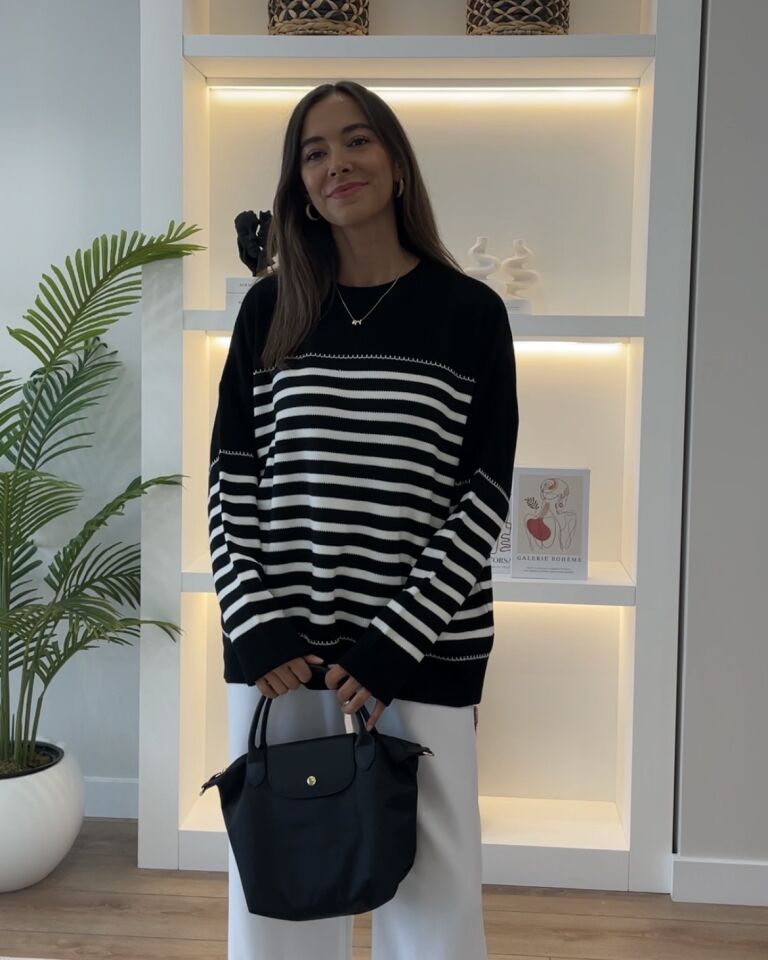 Oriana Siyah Ekru Çizgili Oversize Kazak