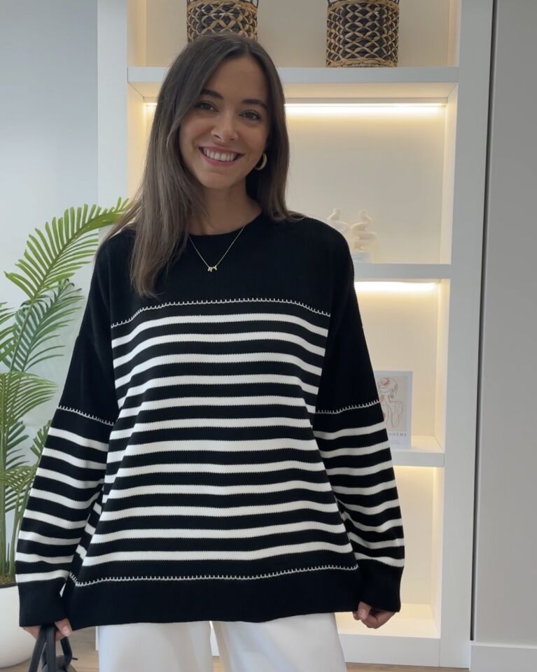 Oriana Siyah Ekru Çizgili Oversize Kazak