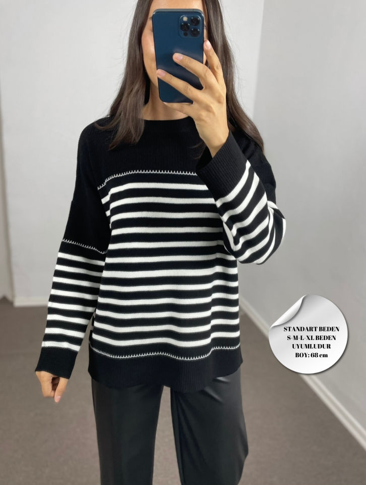 Oriana Siyah Ekru Çizgili Oversize Kazak