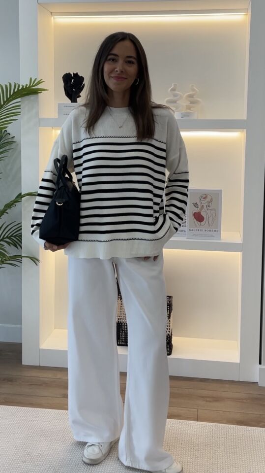 Oriana Ekru Siyah Çizgili Oversize Kazak