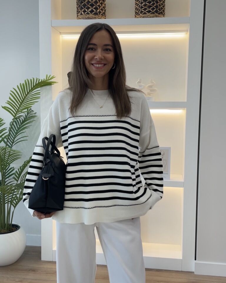 Oriana Ekru Siyah Çizgili Oversize Kazak