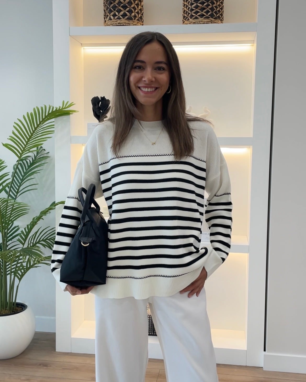 Oriana Ekru Siyah Çizgili Oversize Kazak