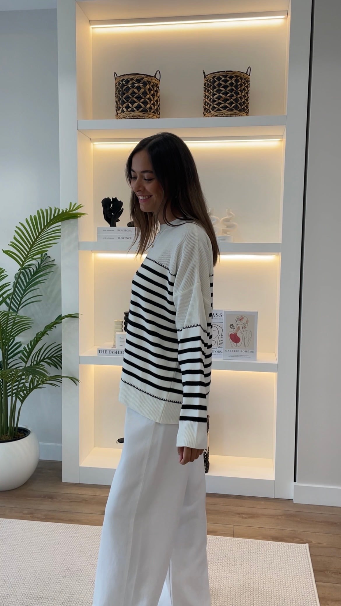 Oriana Ekru Siyah Çizgili Oversize Kazak