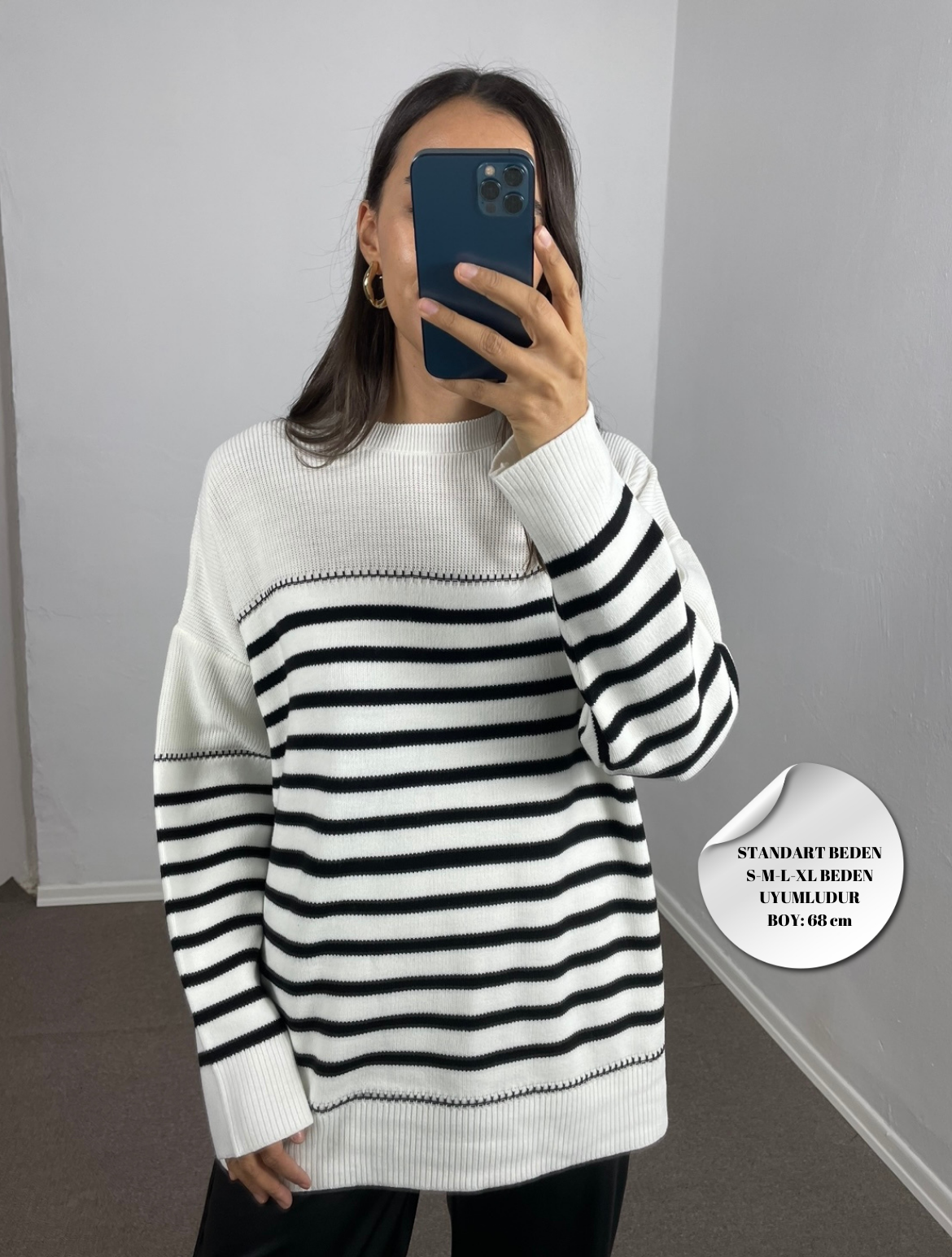 Oriana Ekru Siyah Çizgili Oversize Kazak