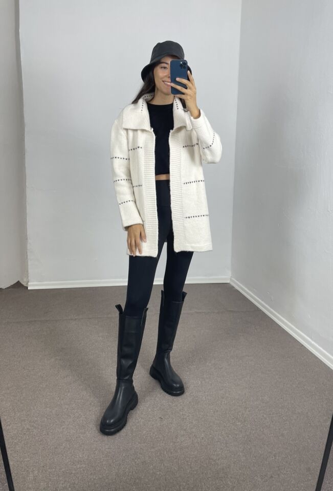 Arlene Ekru Geniş Yakalı Kuşaklı Hırka