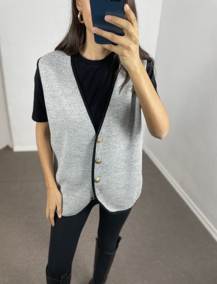 Marise Gri Siyah Biyeli Oversize Yelek