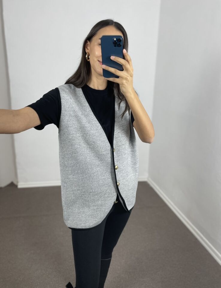 Marise Gri Siyah Biyeli Oversize Yelek