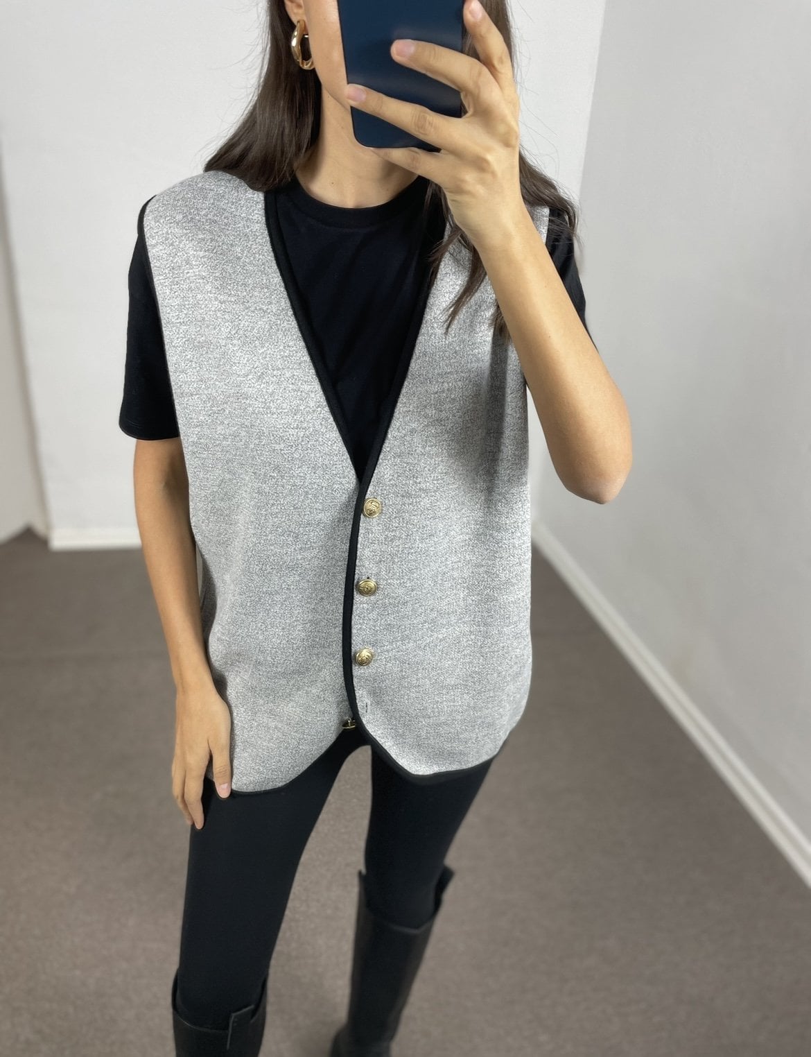 Marise Gri Siyah Biyeli Oversize Yelek