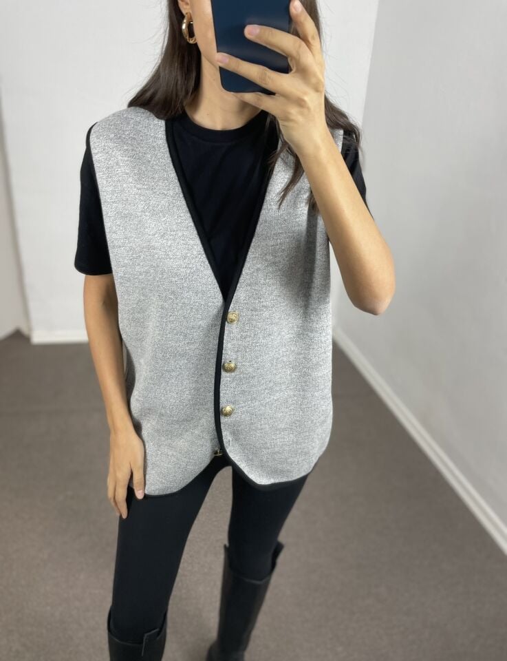 Marise Gri Siyah Biyeli Oversize Yelek