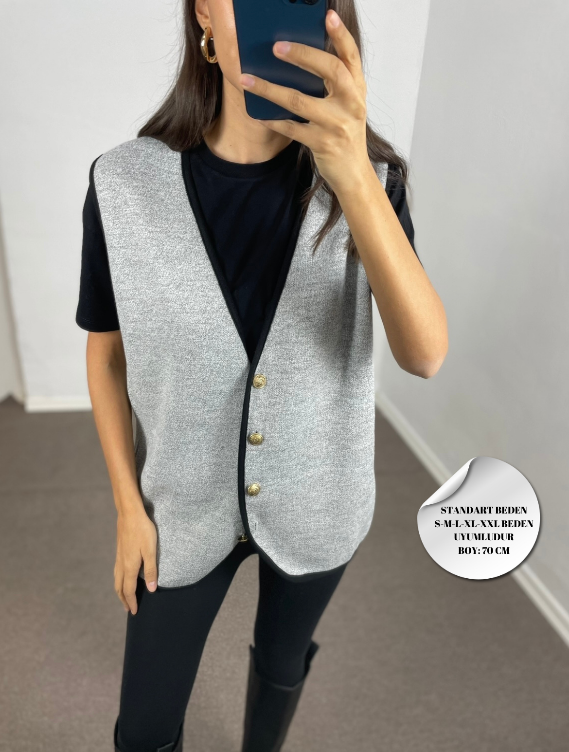 Marise Gri Siyah Biyeli Oversize Yelek