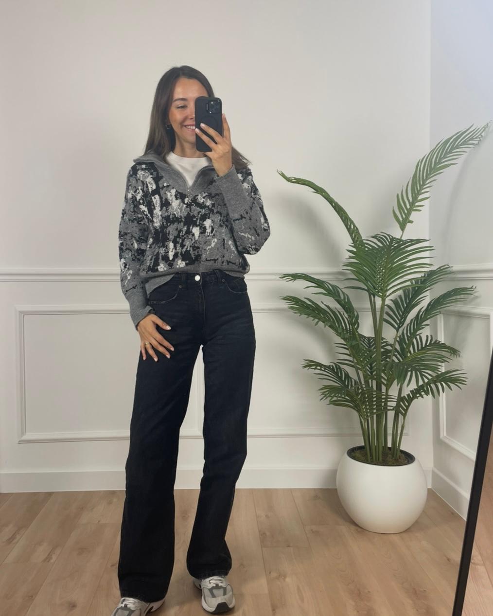 Vela Gri Siyah Simli Yarım Fermuarlı Premium Kazak