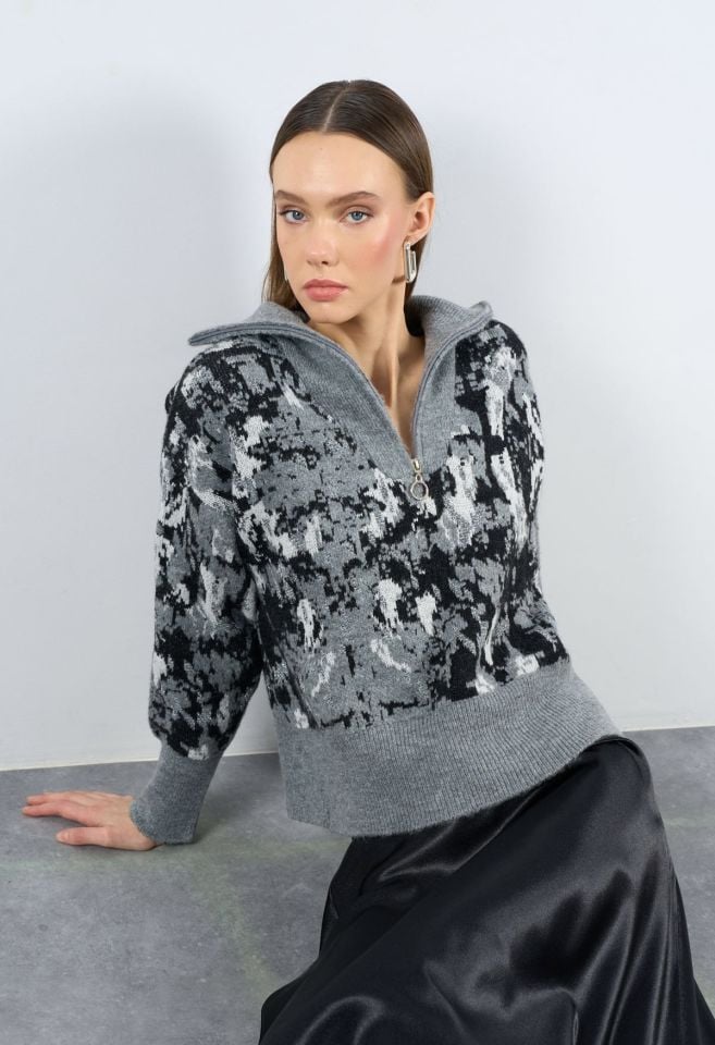 Vela Gri Siyah Simli Yarım Fermuarlı Premium Kazak