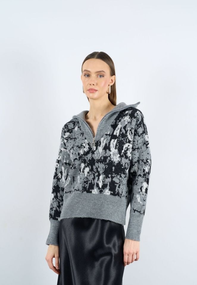 Vela Gri Siyah Simli Yarım Fermuarlı Premium Kazak