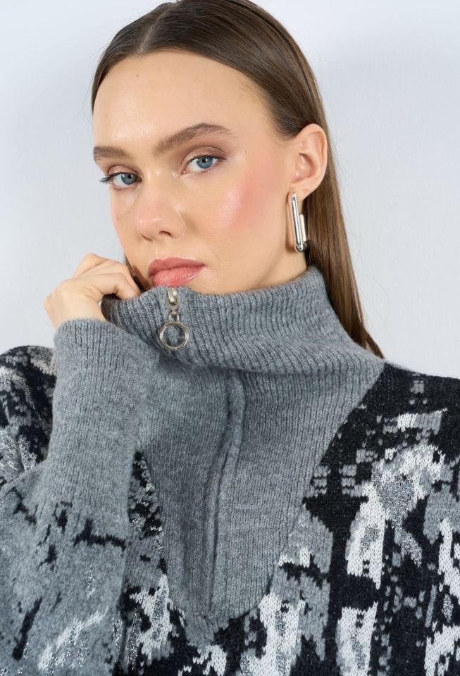 Vela Gri Siyah Simli Yarım Fermuarlı Premium Kazak