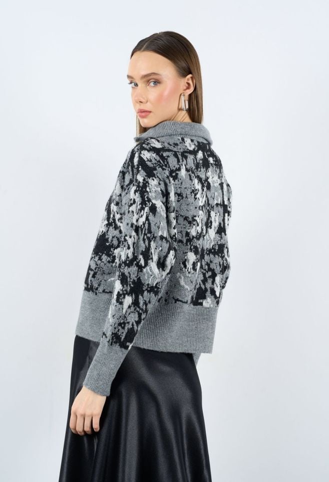 Vela Gri Siyah Simli Yarım Fermuarlı Premium Kazak