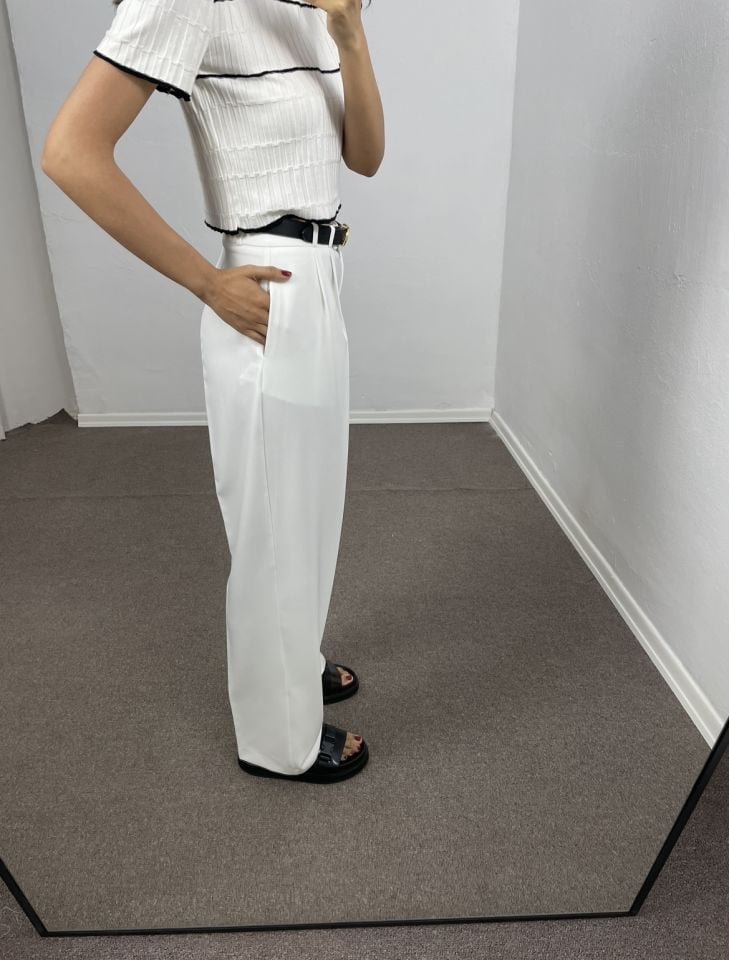 Arlen Beyaz Yüksek Bel Palazzo Pantolon