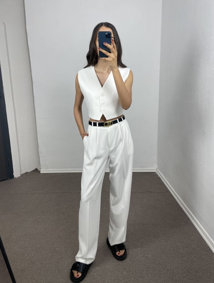 Luneva Beyaz Premium Blazer Düğmeli Yelek