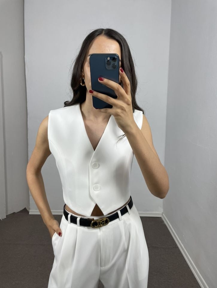 Beyaz Premium Blazer Düğmeli Yelek