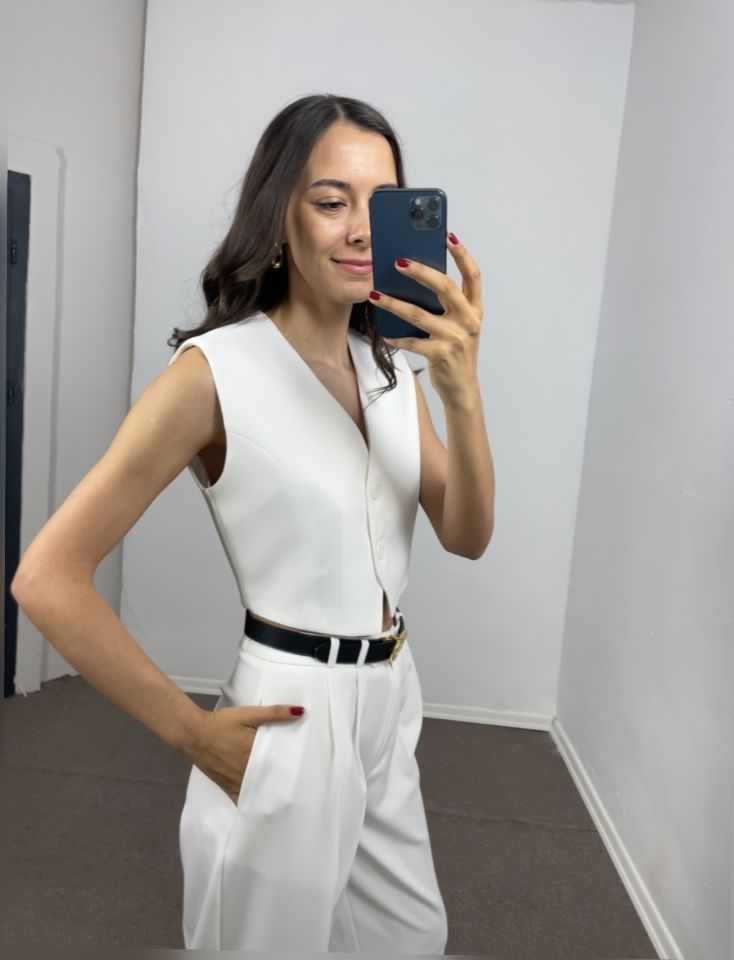 Beyaz Premium Blazer Düğmeli Yelek