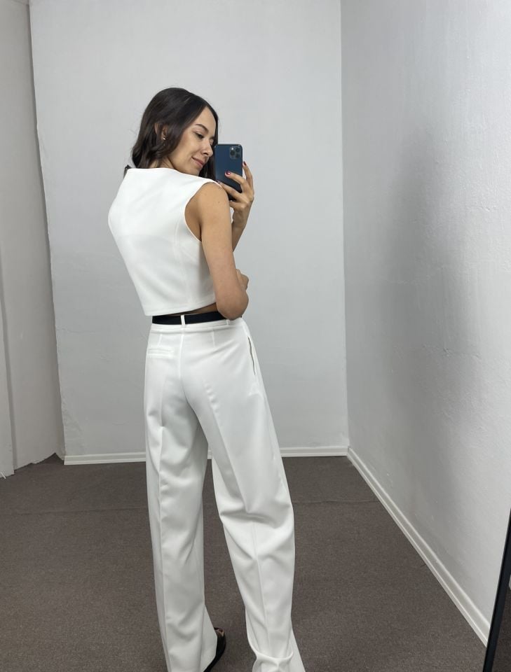 Luneva Beyaz Premium Blazer Düğmeli Yelek