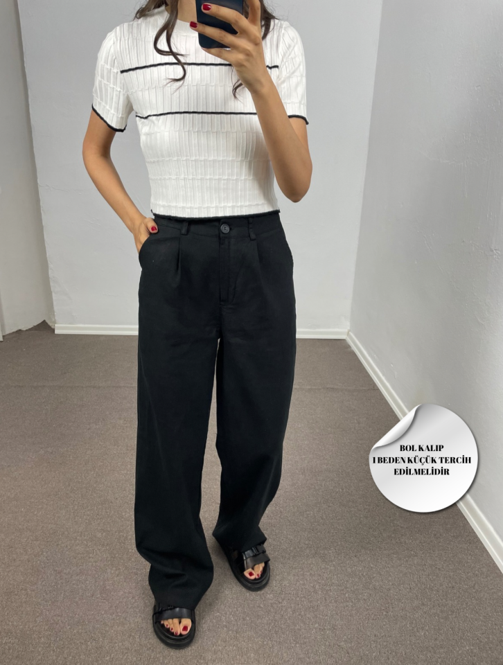 Avelia Siyah Çift Pileli Keten Pantolon