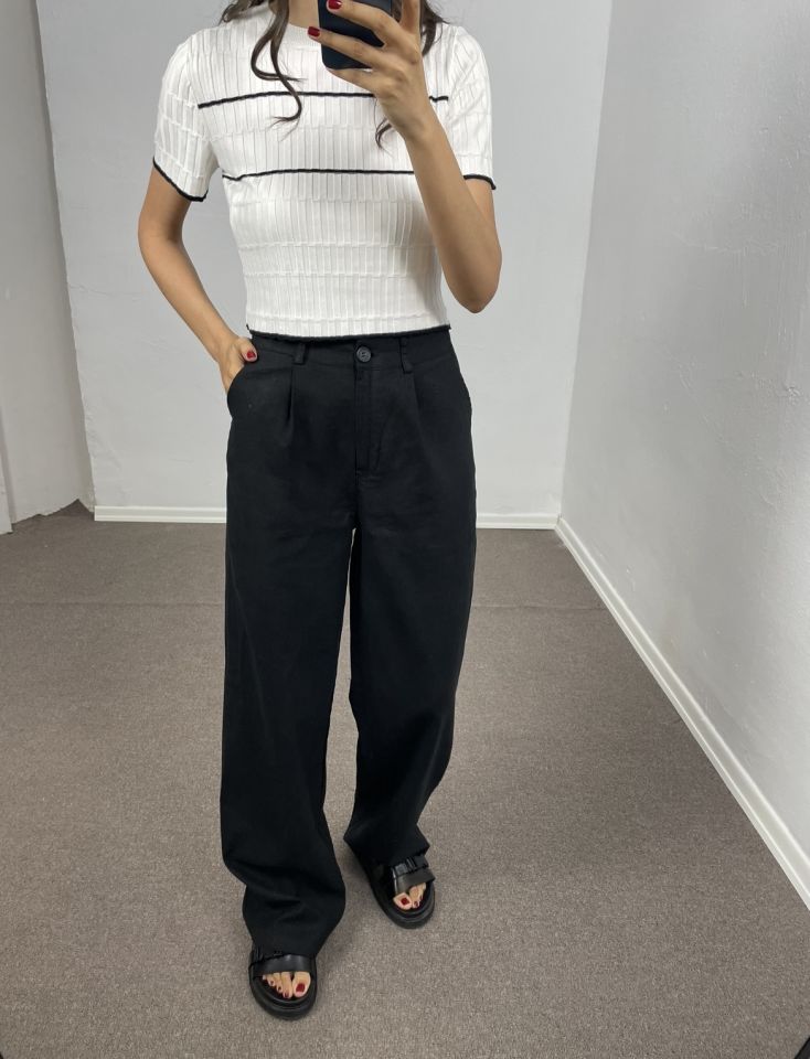 Avelia Siyah Çift Pileli Keten Pantolon