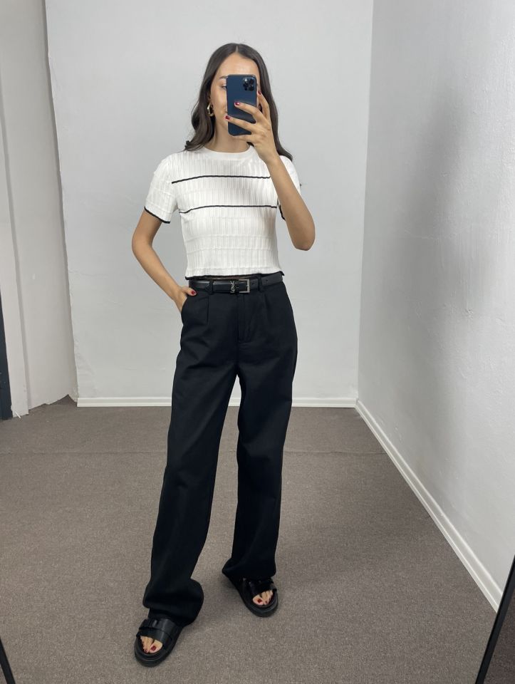 Siyah Çift Pileli Keten Pantolon