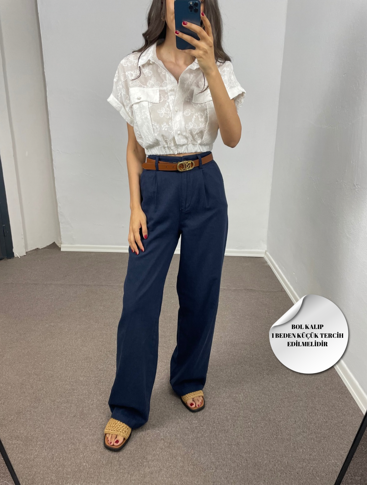 Avelia Lacivert Çift Pileli Keten Pantolon