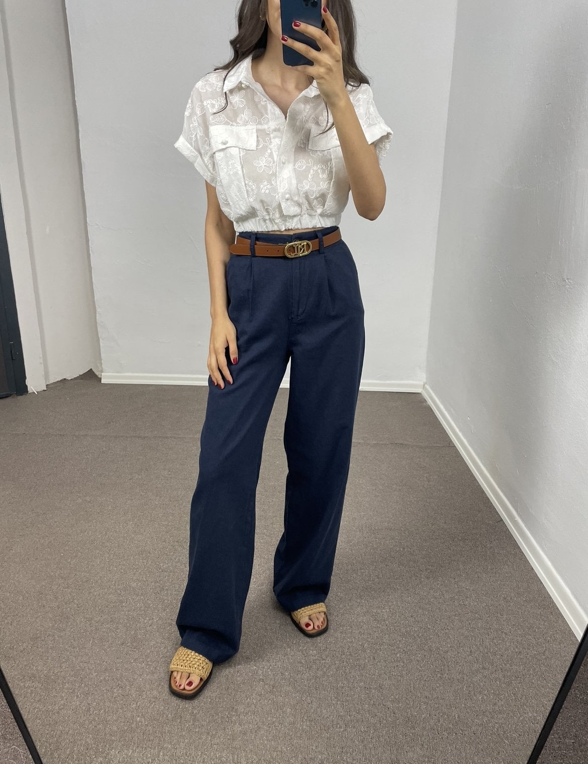 Avelia Lacivert Çift Pileli Keten Pantolon