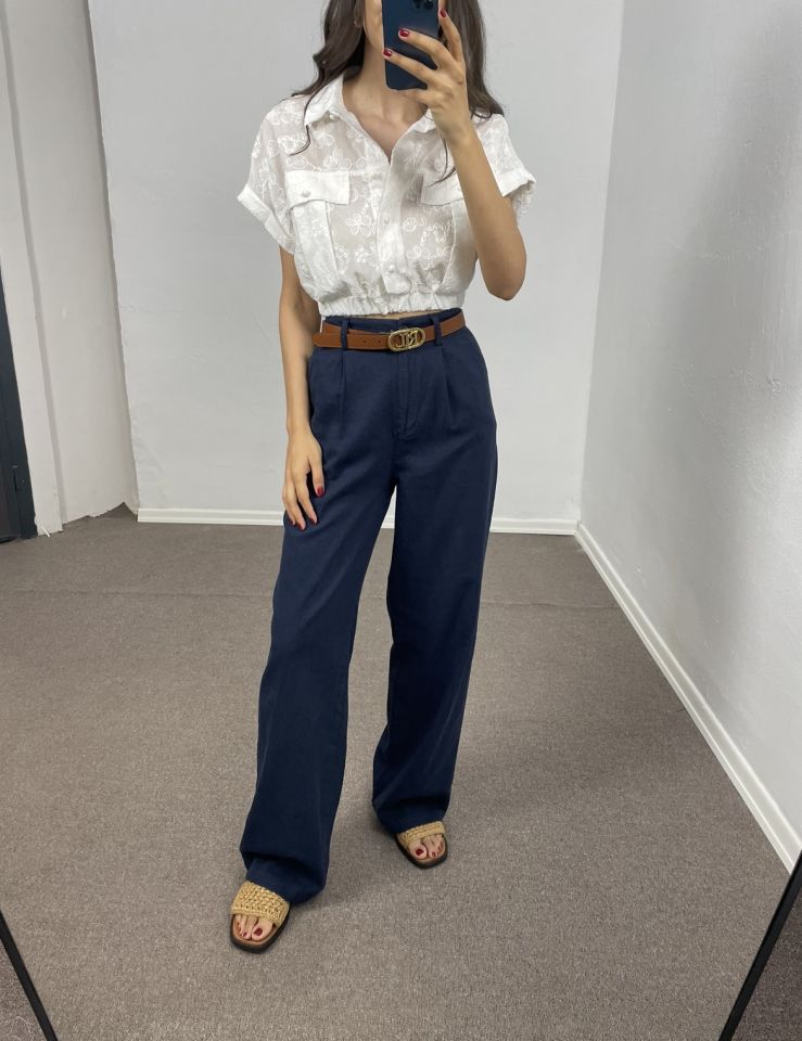 Avelia Lacivert Çift Pileli Keten Pantolon