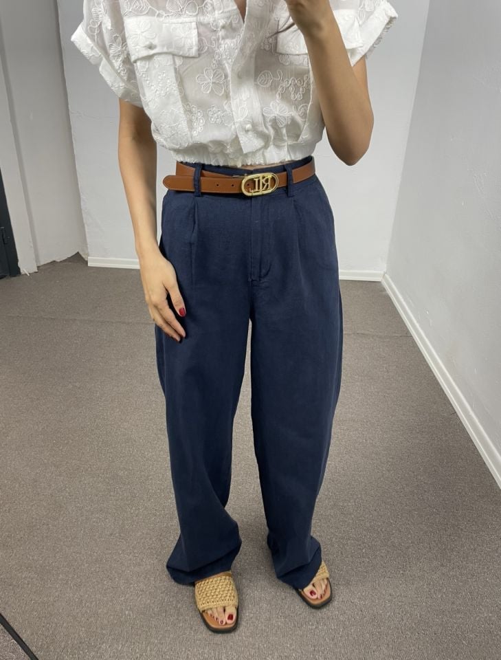 Avelia Lacivert Çift Pileli Keten Pantolon