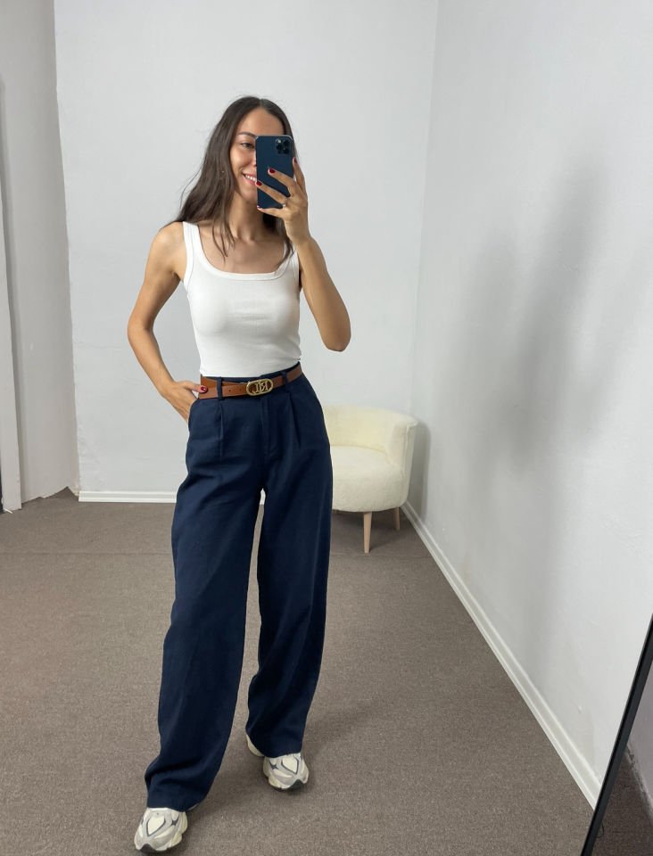 Avelia Lacivert Çift Pileli Keten Pantolon