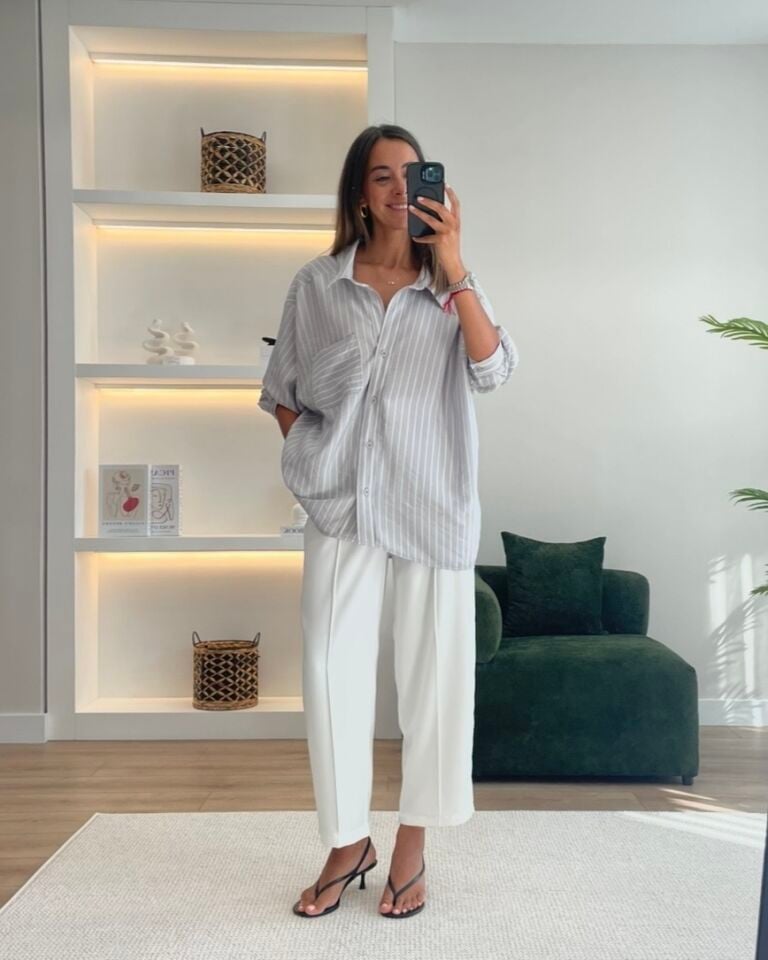 Soraya Gri Çizgili Oversize Viskon Gömlek