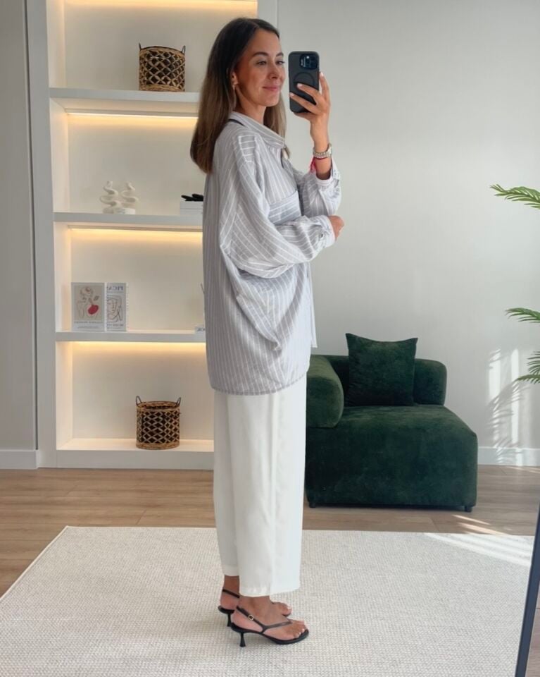 Soraya Gri Çizgili Oversize Viskon Gömlek