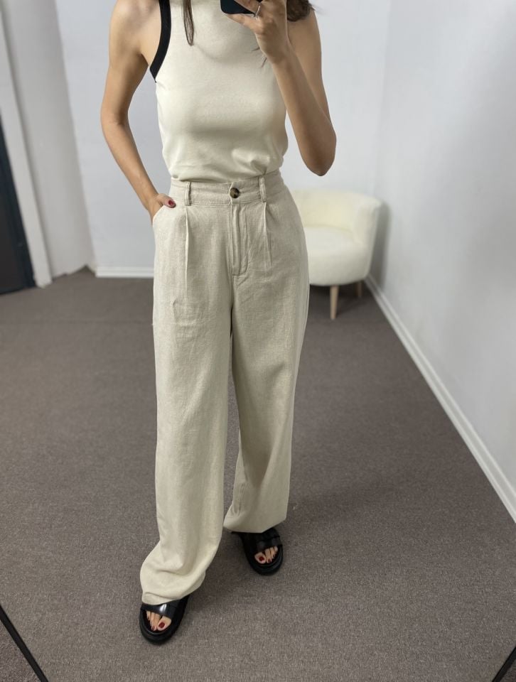 Avelia Taş Renk Çift Pileli Keten Pantolon