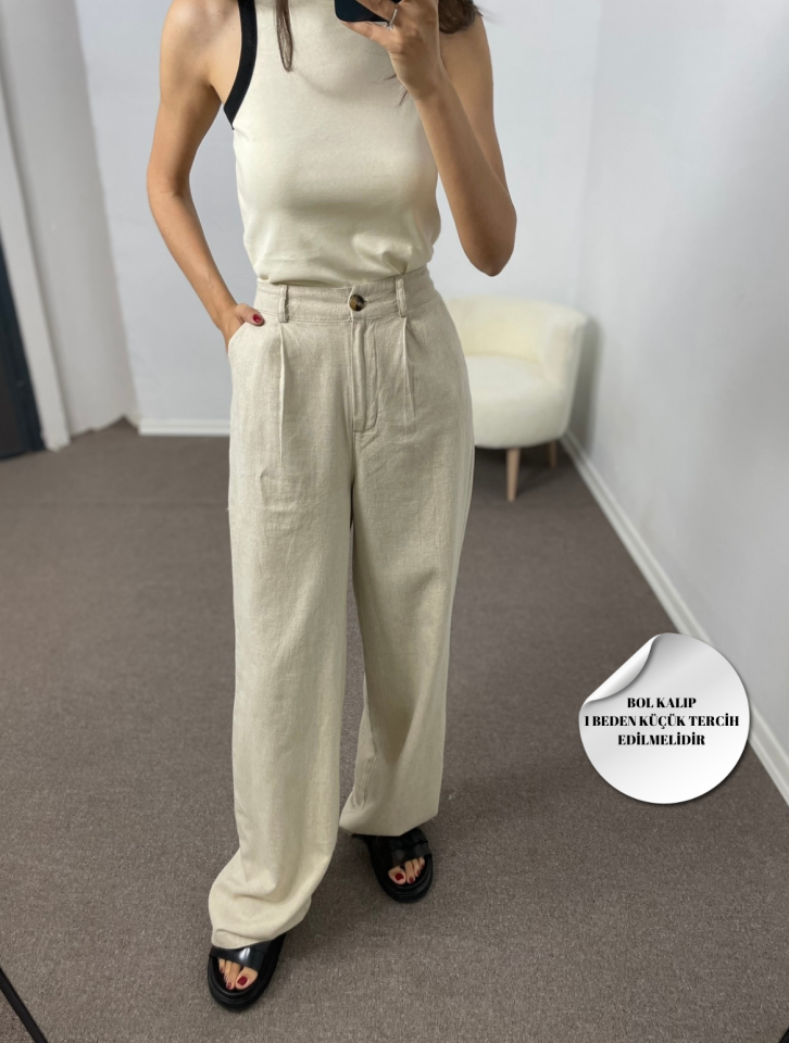 Avelia Taş Renk Çift Pileli Keten Pantolon