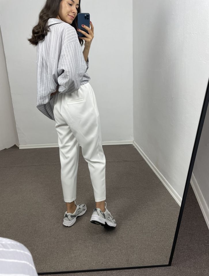 Beyaz Beli Lastikli Havuç Pantolon